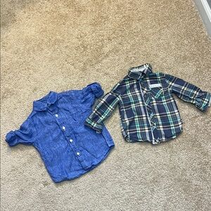 Janie and Jack 100% Linen Blue and Plaid Button Down Shirts Size 6-12 months